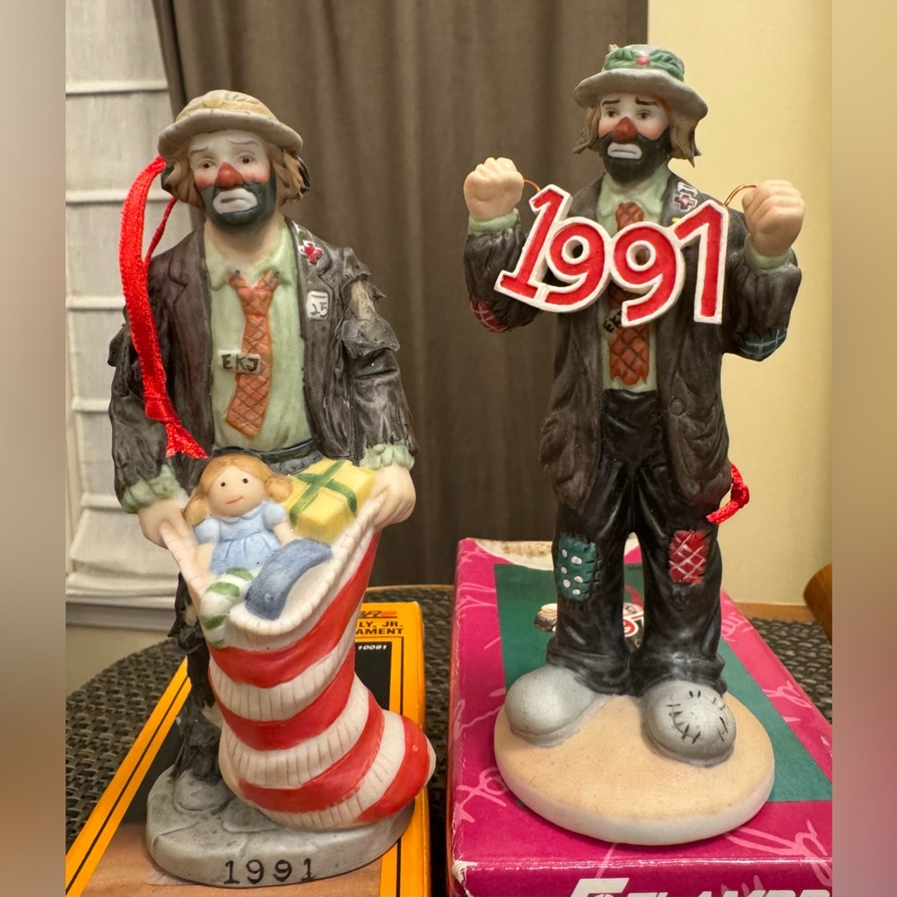 Flambro-Emmett Kelly Jr EKJ, 2 signature collection ornaments: 1991 & 1997
